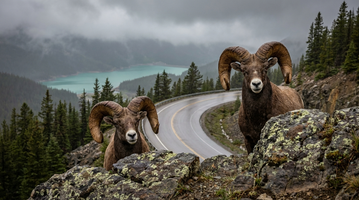 Bighorn sheep rams on rocky cliffs above Highway 11 near Abraham Lake