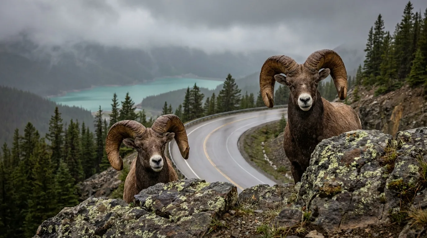 Bighorn sheep rams on rocky cliffs above Highway 11 near Abraham Lake