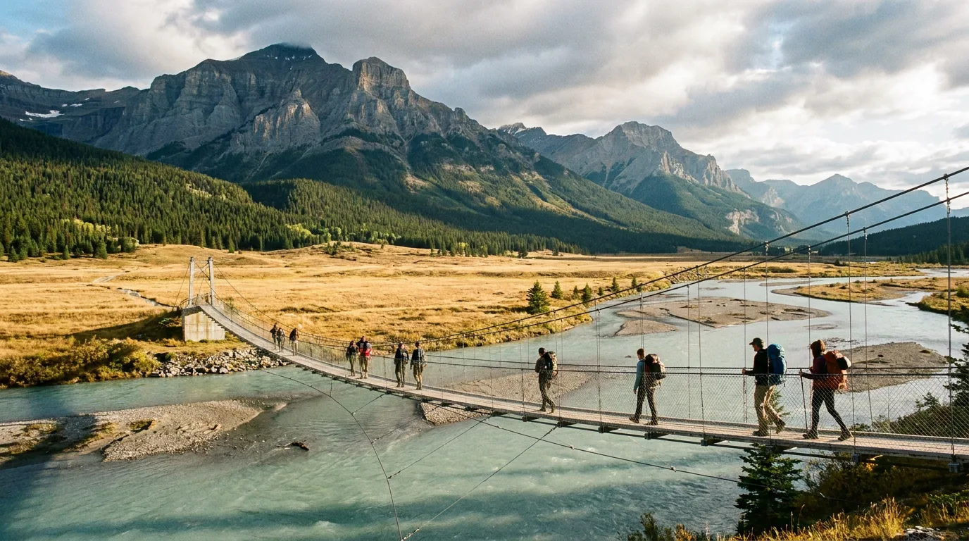 Hikers crossing the suspension bridge on the Siffleur Falls trail across the Kootenay Plains