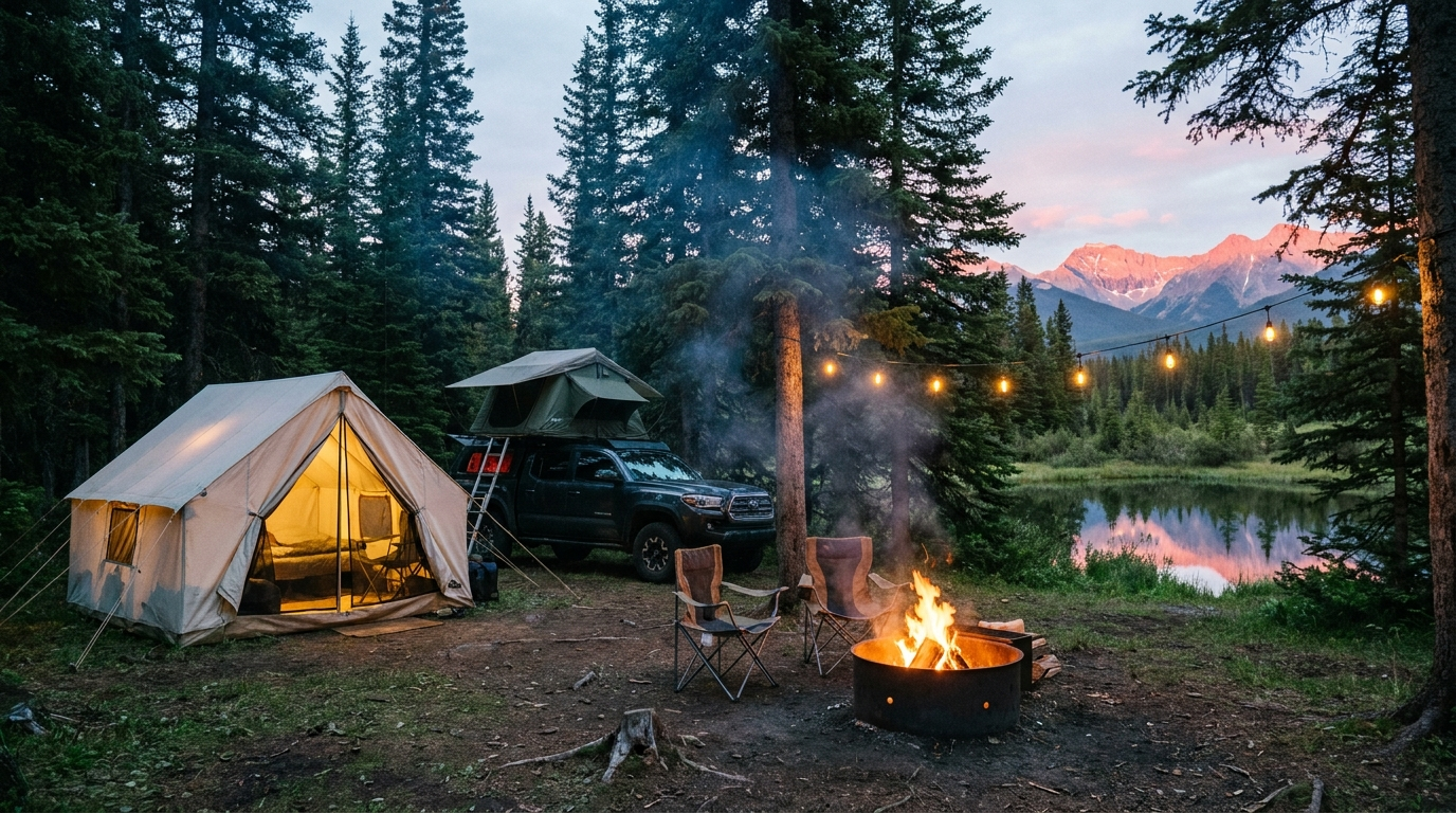 Campfire at a wooded lakeside campground at blue hour in the Alberta foothills