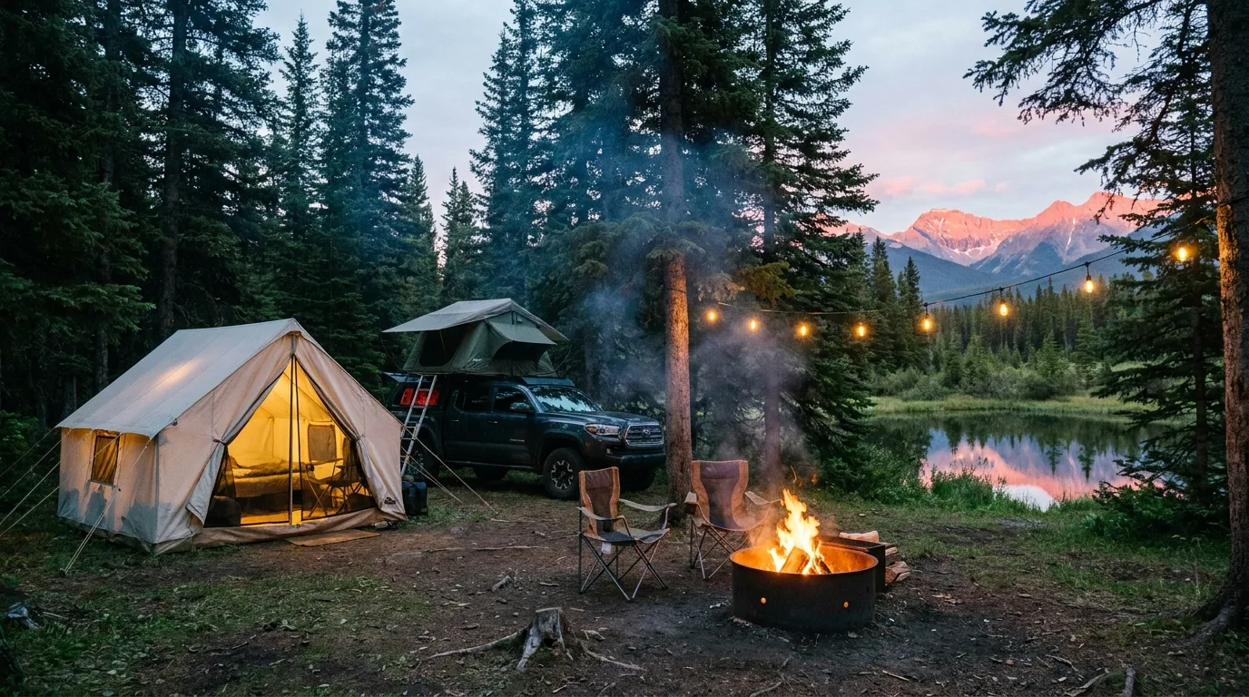 Campfire at a wooded lakeside campground at blue hour in the Alberta foothills