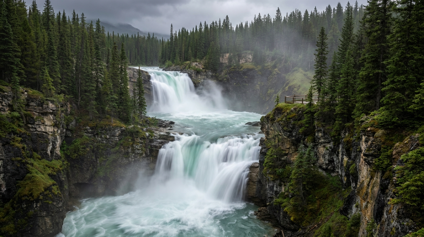 Two-tiered Crescent Falls dropping through a limestone canyon on the Bighorn River