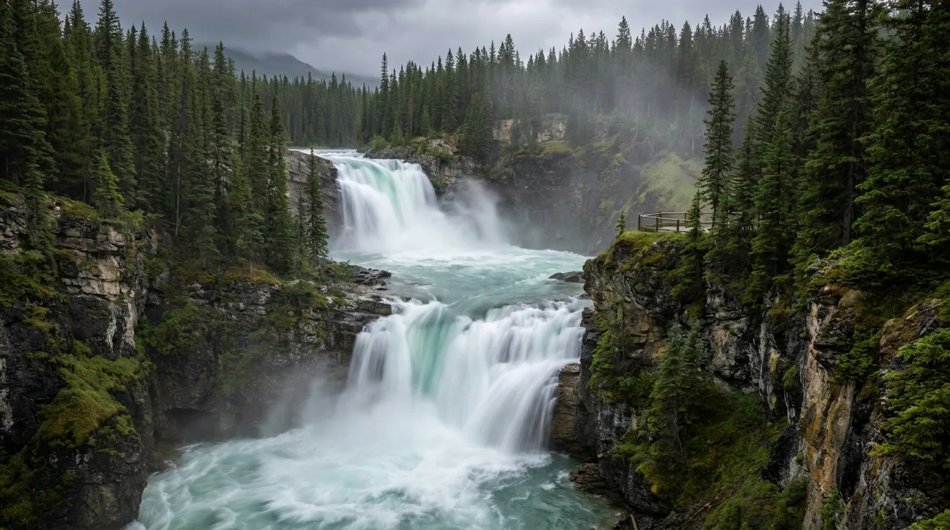 Two-tiered Crescent Falls dropping through a limestone canyon on the Bighorn River
