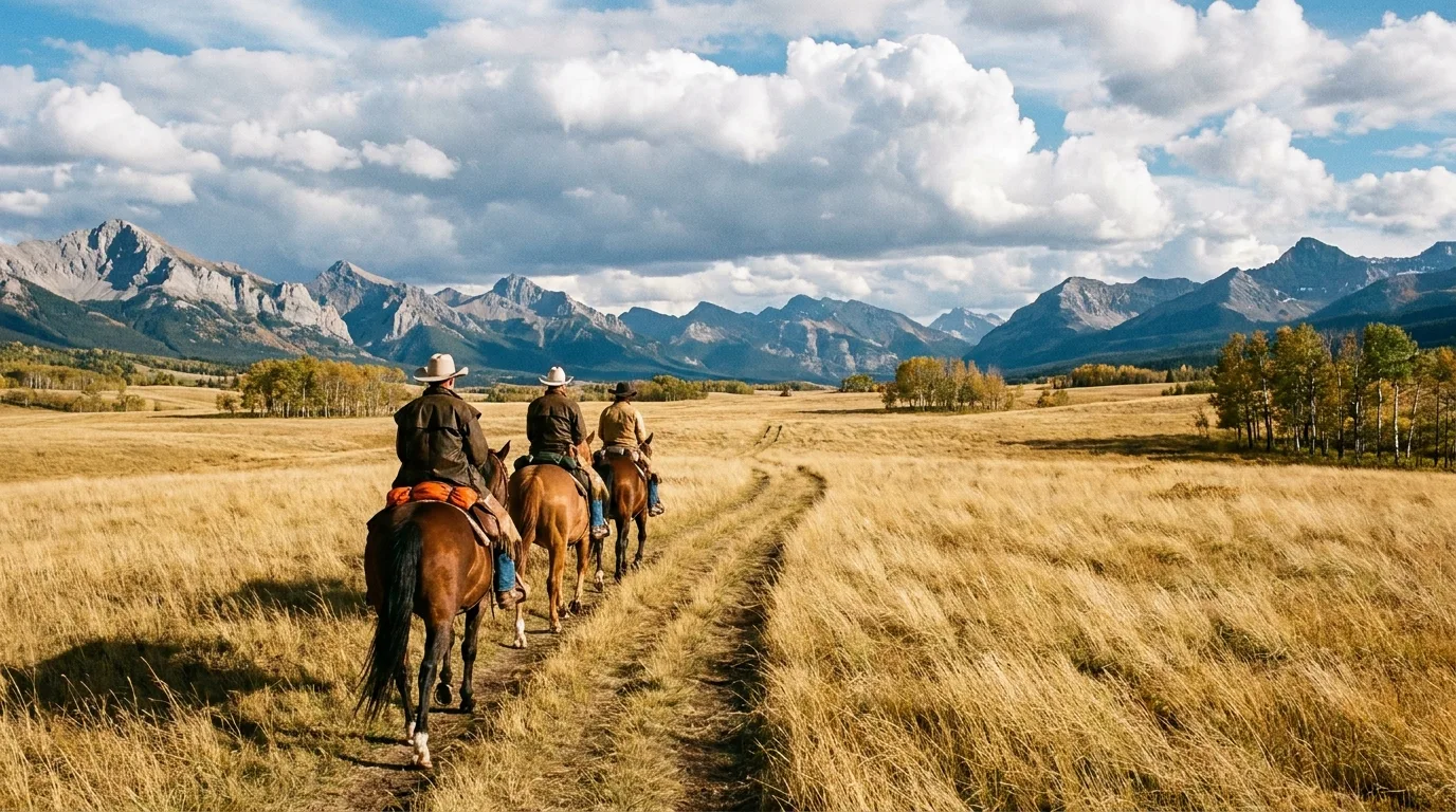 Trail riders on horseback crossing the open Kootenay Plains grasslands