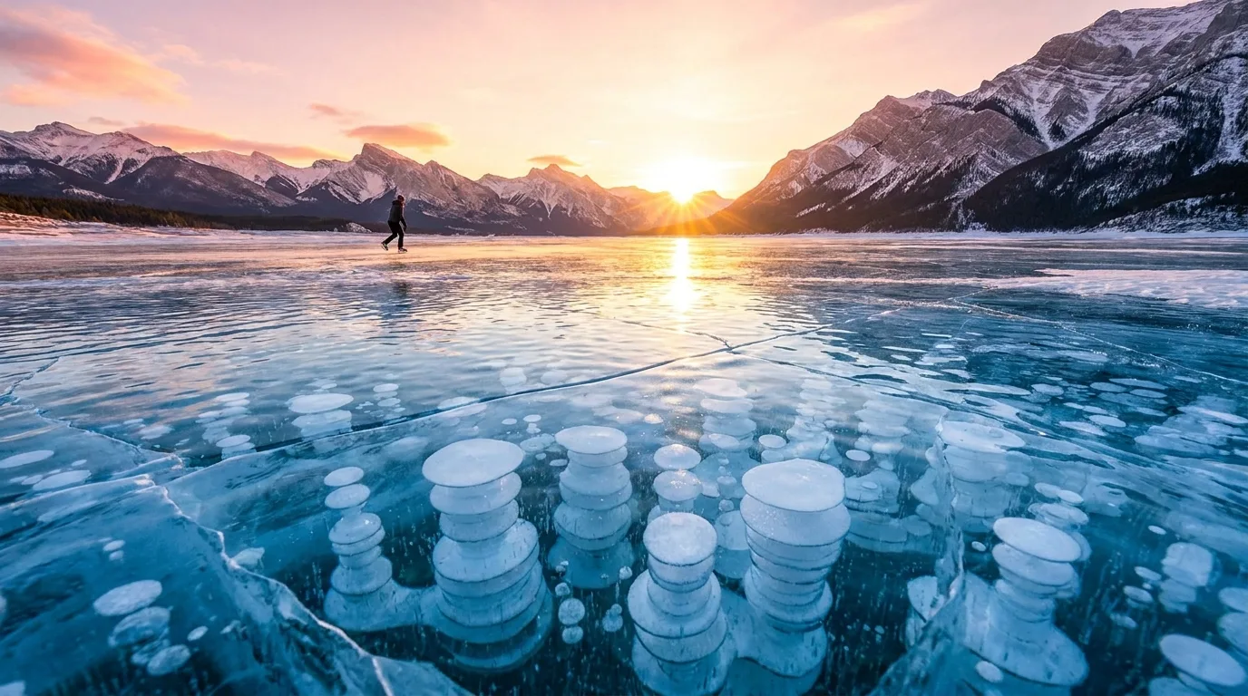 Frozen methane ice bubbles stacked under clear blue ice on Abraham Lake at sunrise