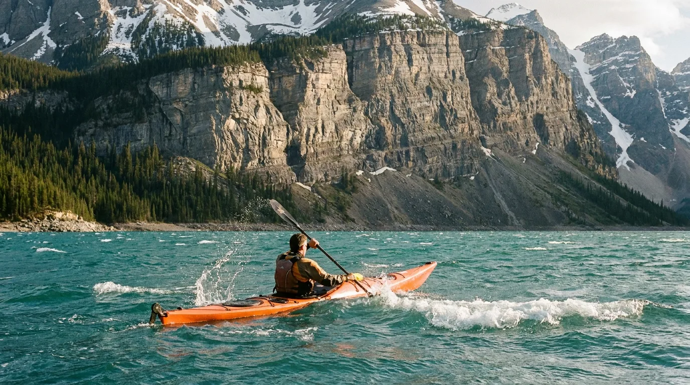 Kayaker paddling on windswept turquoise Abraham Lake below limestone peaks