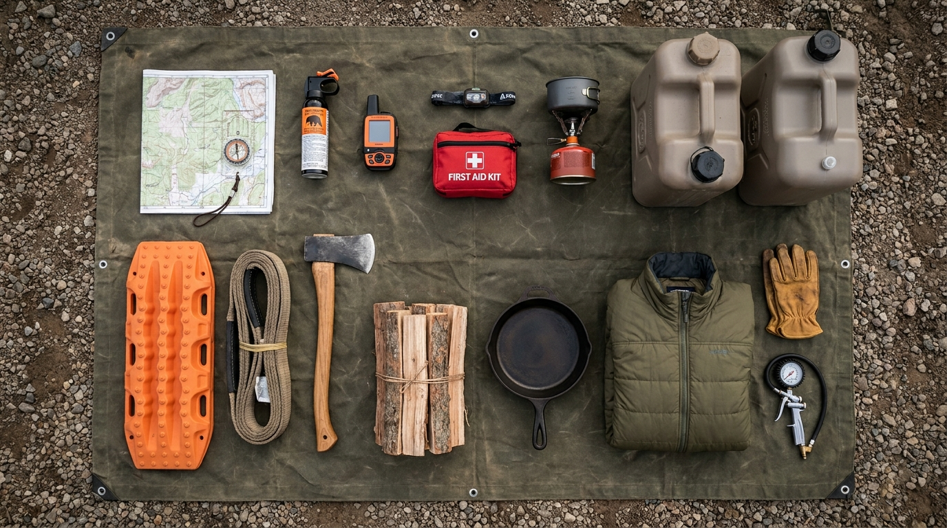 Overhead flat lay of complete overlanding kit: maps, bear spray, satellite communicator, recovery gear, stove and firewood