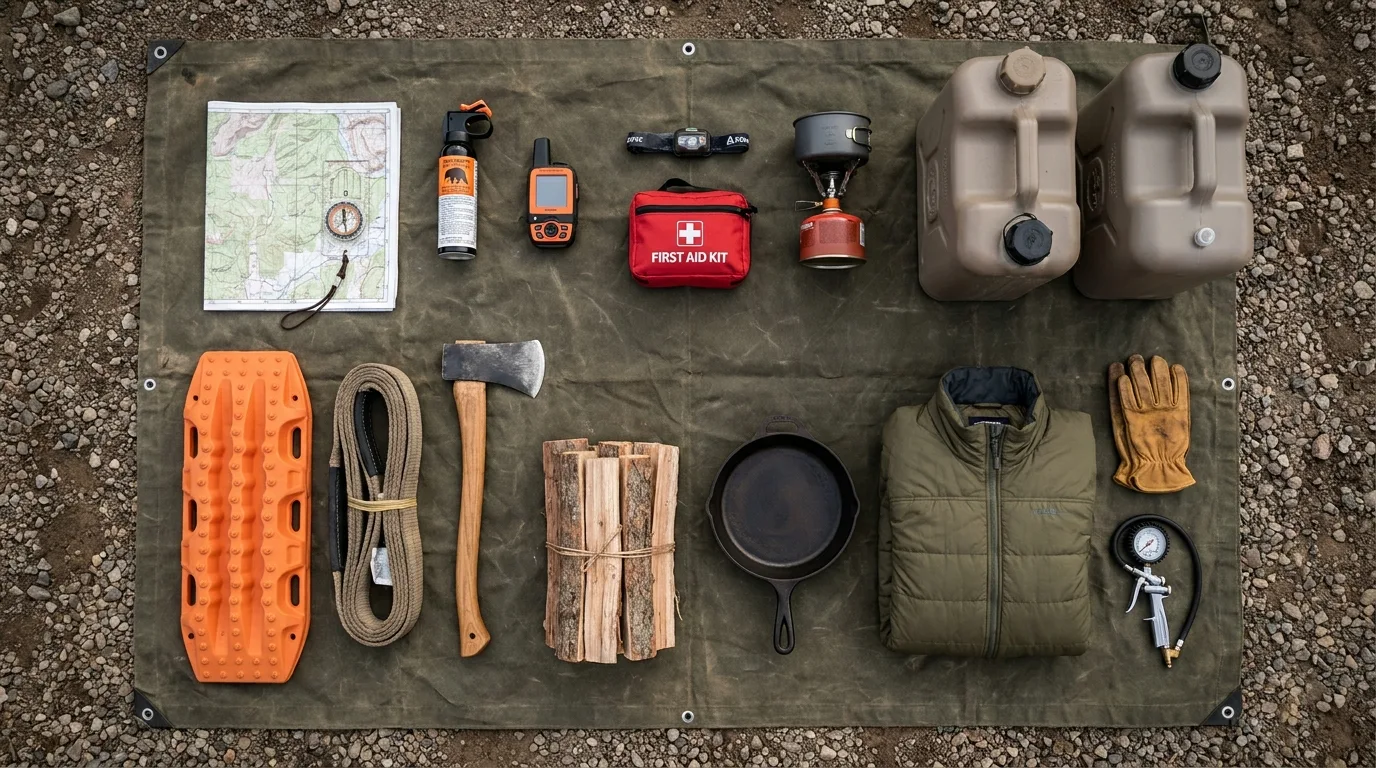 Overhead flat lay of complete overlanding kit: maps, bear spray, satellite communicator, recovery gear, stove and firewood