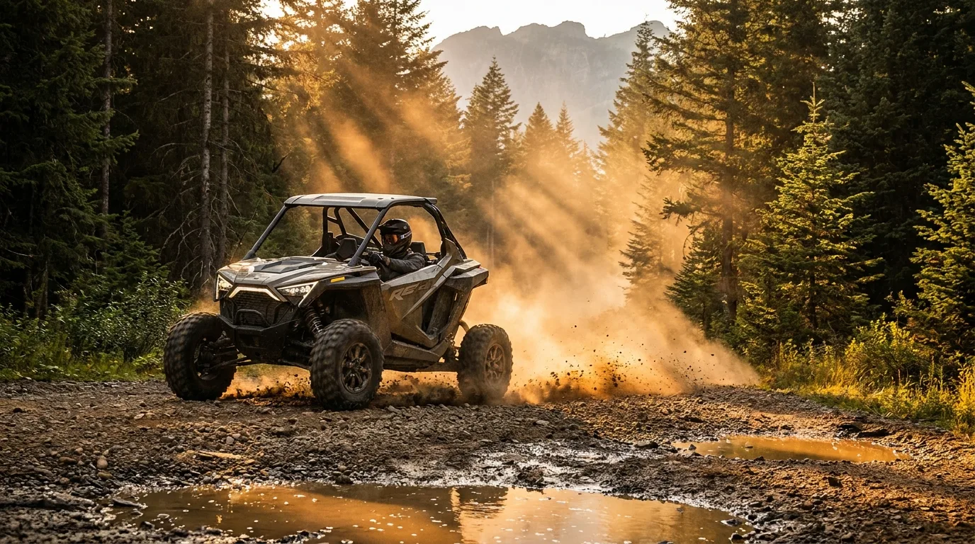 Side-by-side UTV on a gravel backcountry trail through Alberta pine forest