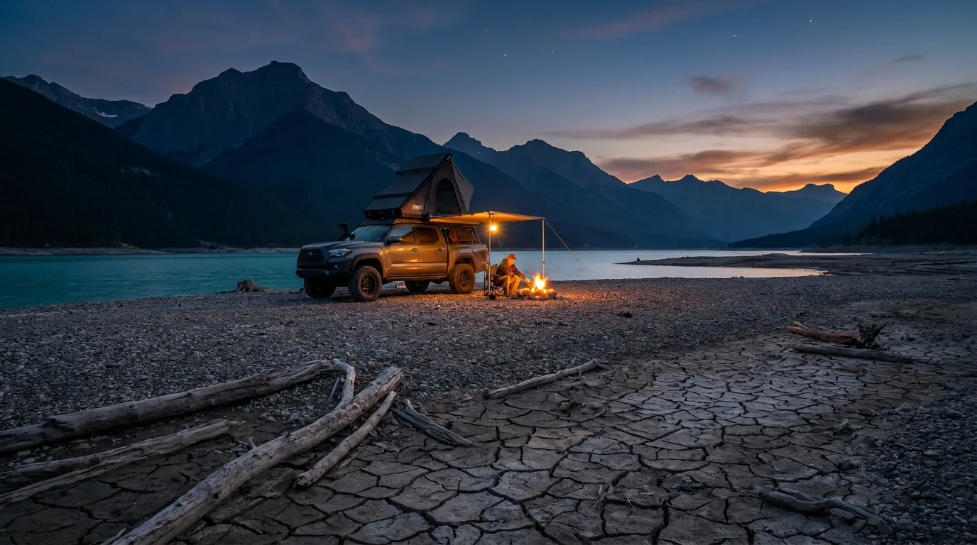 Overlanding truck with rooftop tent camped on gravel flats beside Abraham Lake at dusk