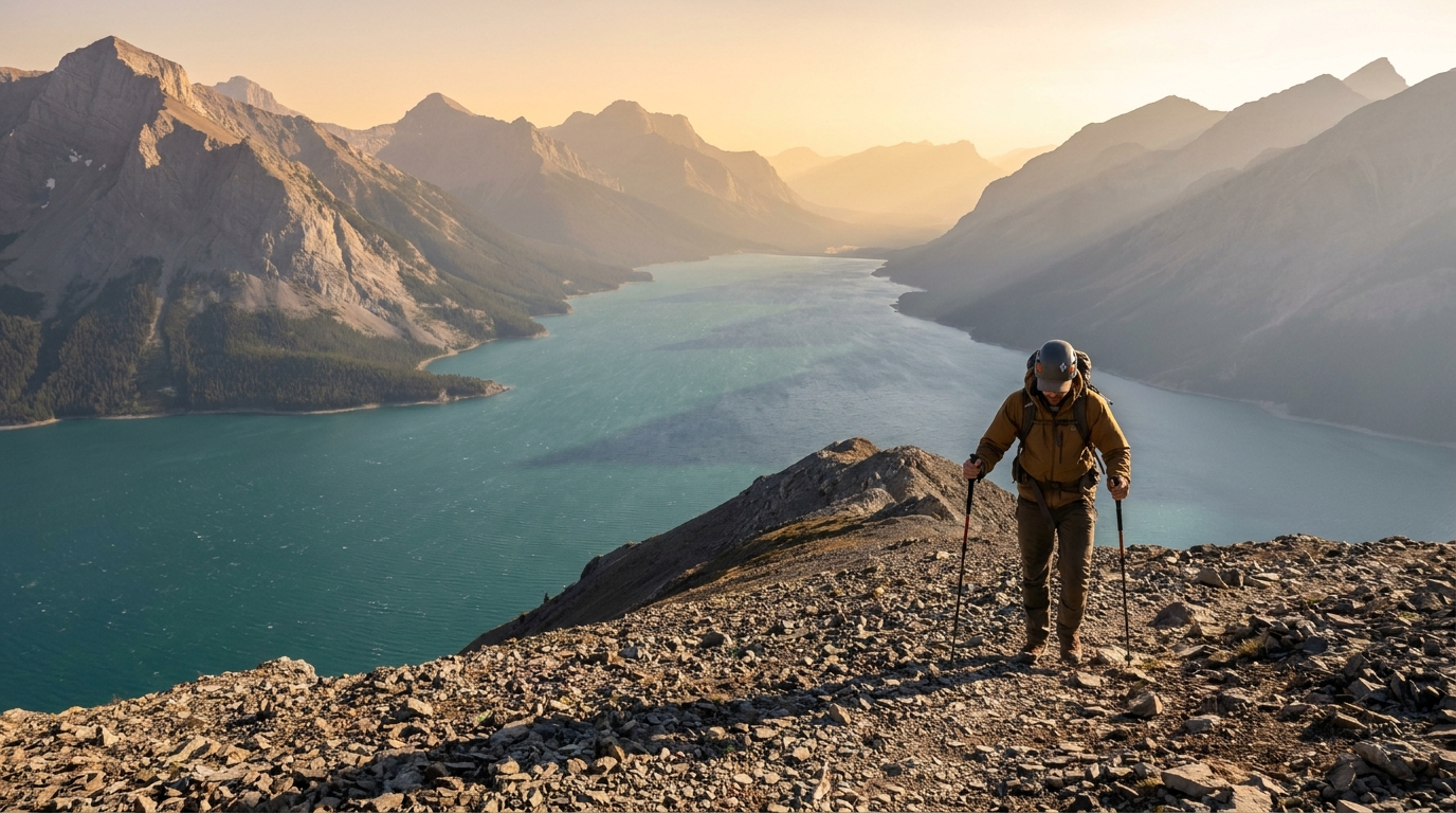 Hiker on a scree ridge high above turquoise Abraham Lake