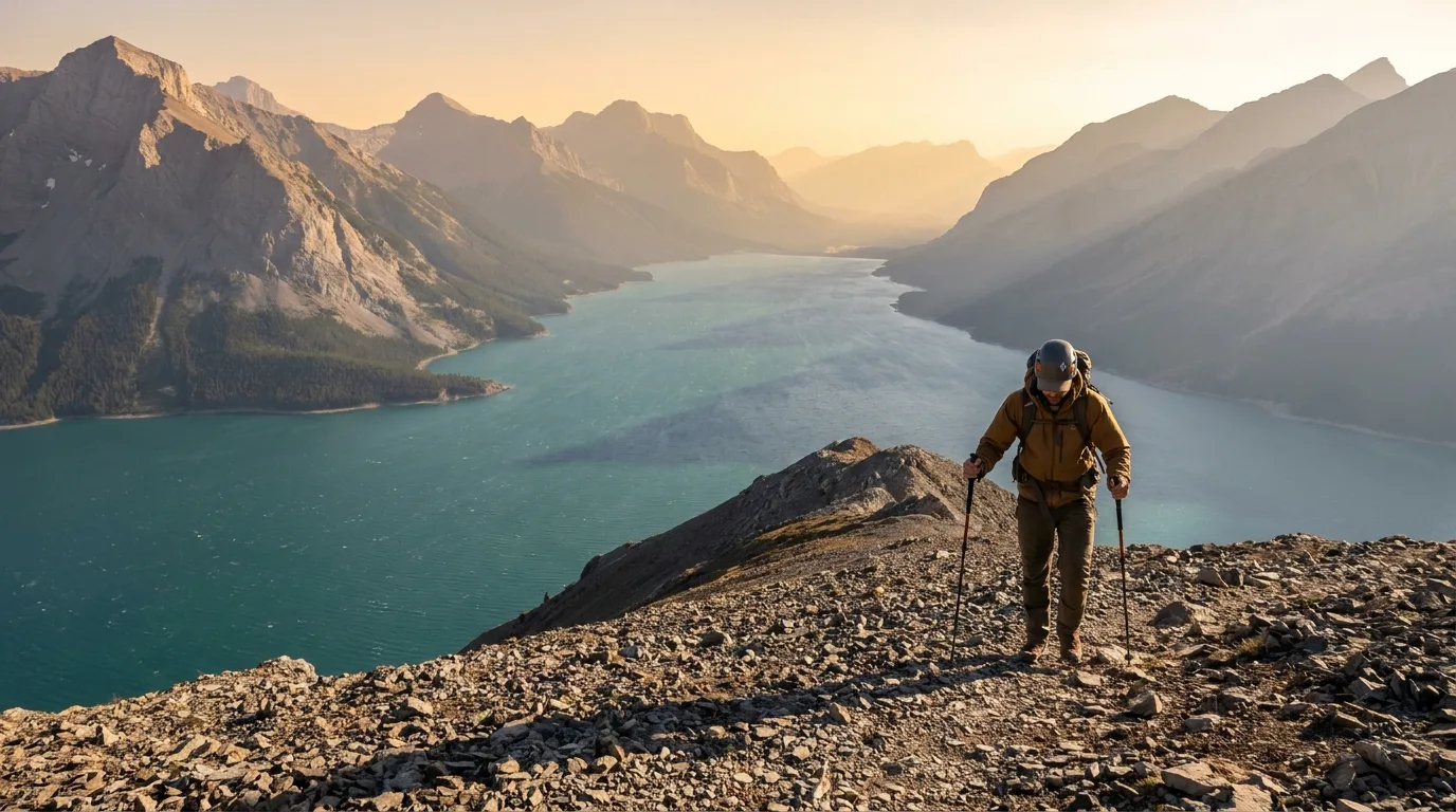 Hiker on a scree ridge high above turquoise Abraham Lake