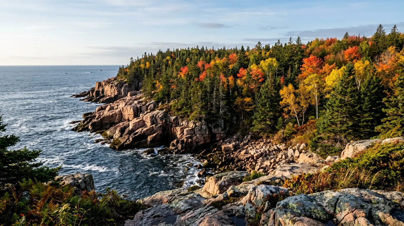 A rocky granite coastline in mid-October with red and gold maple and birch mixed into dark spruce forest running down to the blue Atlantic under low autumn sun, Maine coast at Acadia, ultrarealistic photograph representative of the region