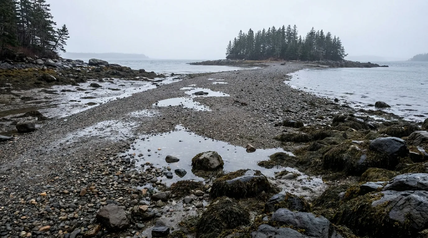 A wet gravel and cobble sandbar exposed at low tide linking a shore to a small spruce-covered island across a tidal channel, seaweed-covered rocks and mudflats either side, Bar Island near Bar Harbor Maine, ultrarealistic photograph representative of the region
