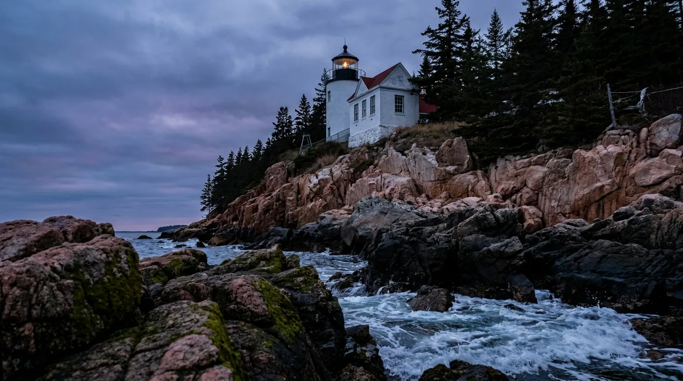 A small white lighthouse with a red-roofed keeper's house perched on pink granite ledges above the sea at dusk, viewed from the rocks below with dark spruce forest behind, Bass Harbor Head Light on the Maine coast, ultrarealistic photograph representative of the region