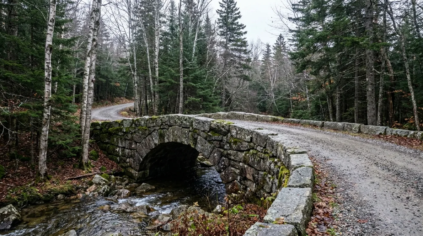 A hand-cut granite arch bridge carrying a crushed-stone carriage road over a mossy forest stream, granite coping stones along the road edge and birch and spruce forest around, Acadia National Park Maine, ultrarealistic photograph representative of the region