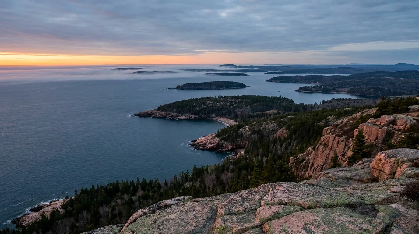 Bare pink granite summit ledges at first light above the open Atlantic, a bay scattered with dark spruce-covered islands and the sun burning low and orange over the water, Cadillac Mountain in Acadia National Park Maine, ultrarealistic photograph representative of the region