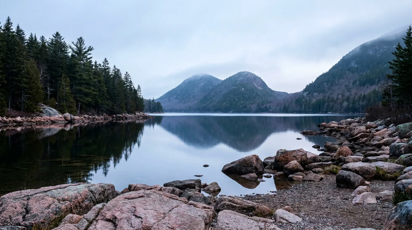 A still glacial pond in early morning reflecting two rounded twin mountain summits at its far end, dark spruce-fir forest lining the shore and calm water, Jordan Pond and the Bubbles in Acadia National Park Maine, ultrarealistic photograph representative of the region