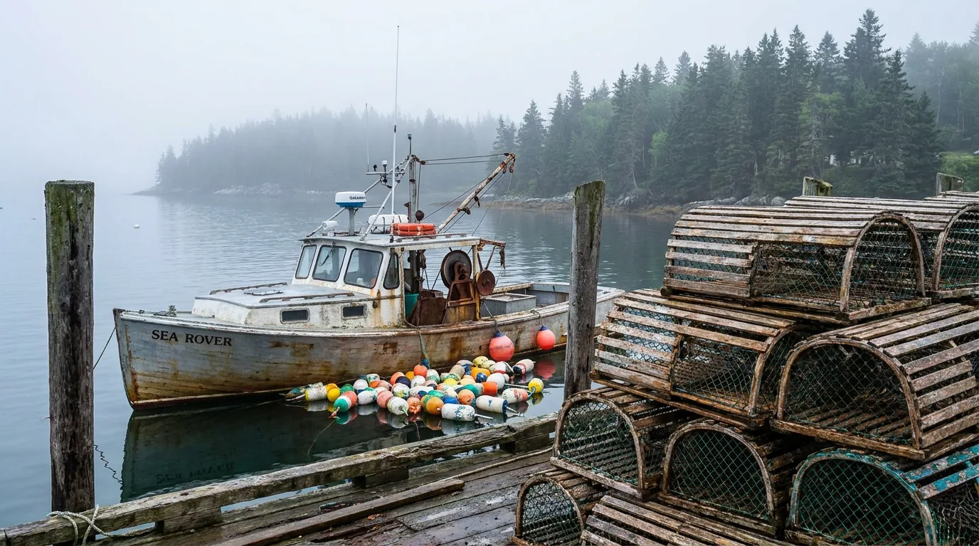 A working Maine lobster boat moored in a calm harbour among coloured buoys and wooden lobster traps stacked on a weathered pier, with spruce-covered shoreline and morning fog behind, Maine coast, ultrarealistic photograph representative of the region