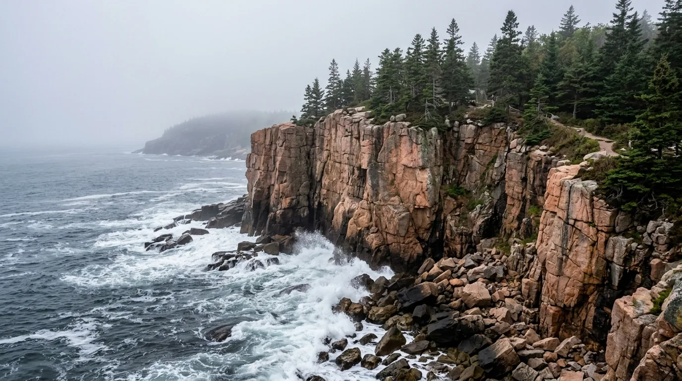 A sheer pink granite sea cliff dropping straight into the cold Atlantic with waves breaking white on boulders at its base and dark spruce trees clinging to the clifftop, Otter Cliff in Acadia National Park Maine, ultrarealistic photograph representative of the region