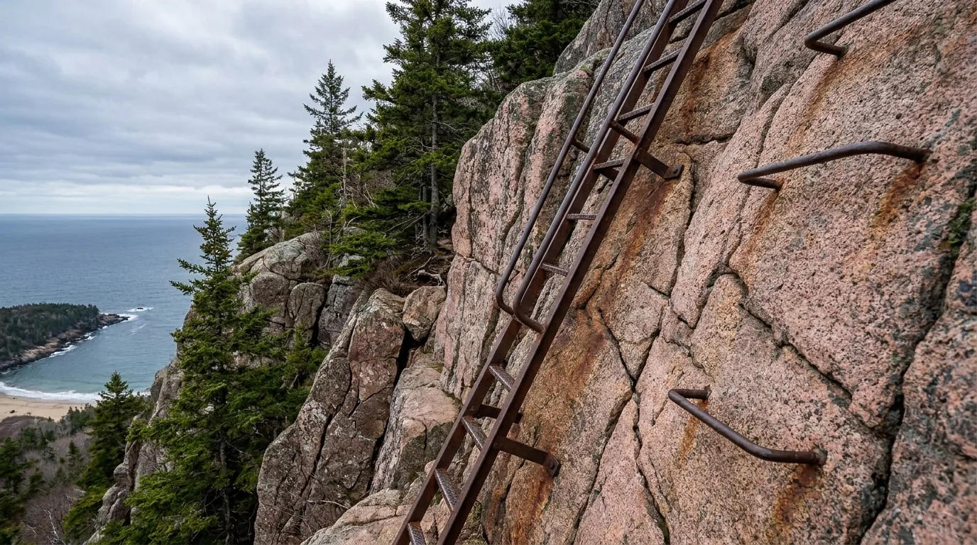 Iron rungs and a metal ladder bolted to a steep exposed pink granite cliff face on a mountain trail with the ocean and a distant beach far below, Precipice Trail in Acadia National Park Maine, ultrarealistic photograph representative of the region