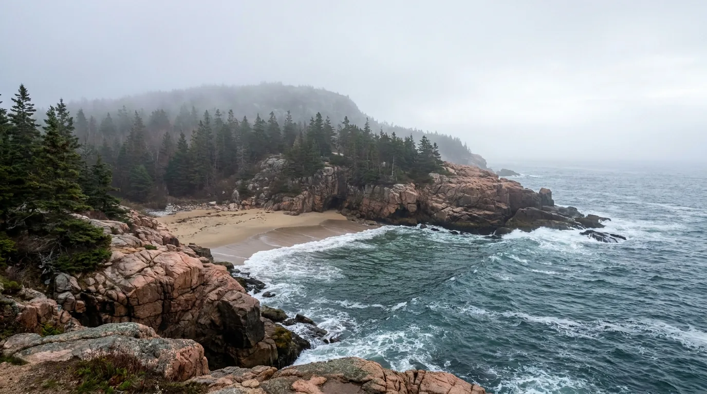 A small crescent sand beach tucked between pink granite headlands with cold blue-green Atlantic waves rolling in and dark spruce forest on the bluffs above, Sand Beach in Acadia National Park Maine, ultrarealistic photograph representative of the region