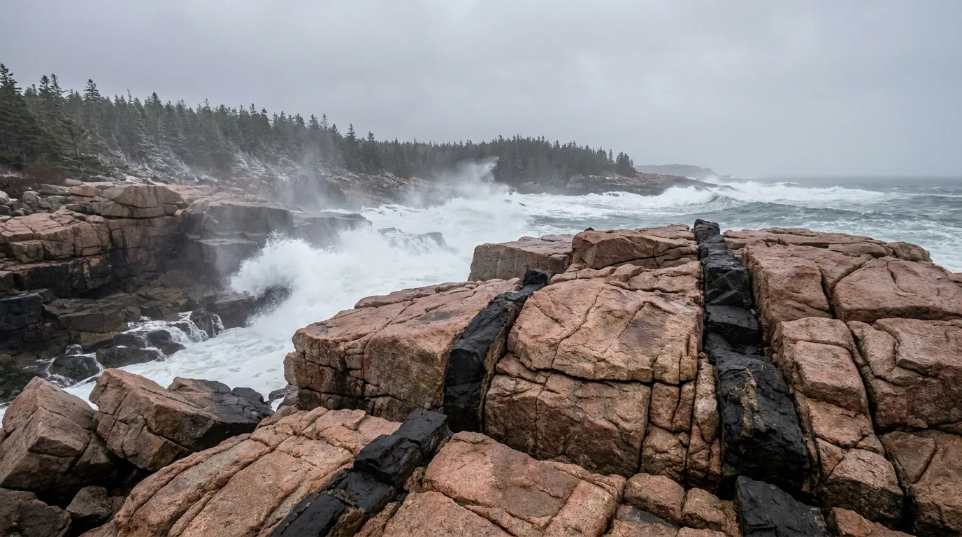Huge wave-battered flat pink granite ledges cut by dark black basalt dikes with heavy Atlantic surf exploding white against them and low spruce forest behind, Schoodic Point in Acadia National Park Maine, ultrarealistic photograph representative of the region