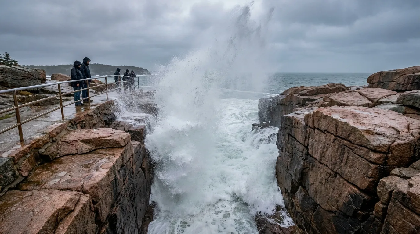 Heavy ocean swell surging into a narrow carved granite inlet and exploding upward in white spray, with wet pink granite ledges and a metal handrail walkway above, Thunder Hole in Acadia National Park Maine, ultrarealistic photograph representative of the region