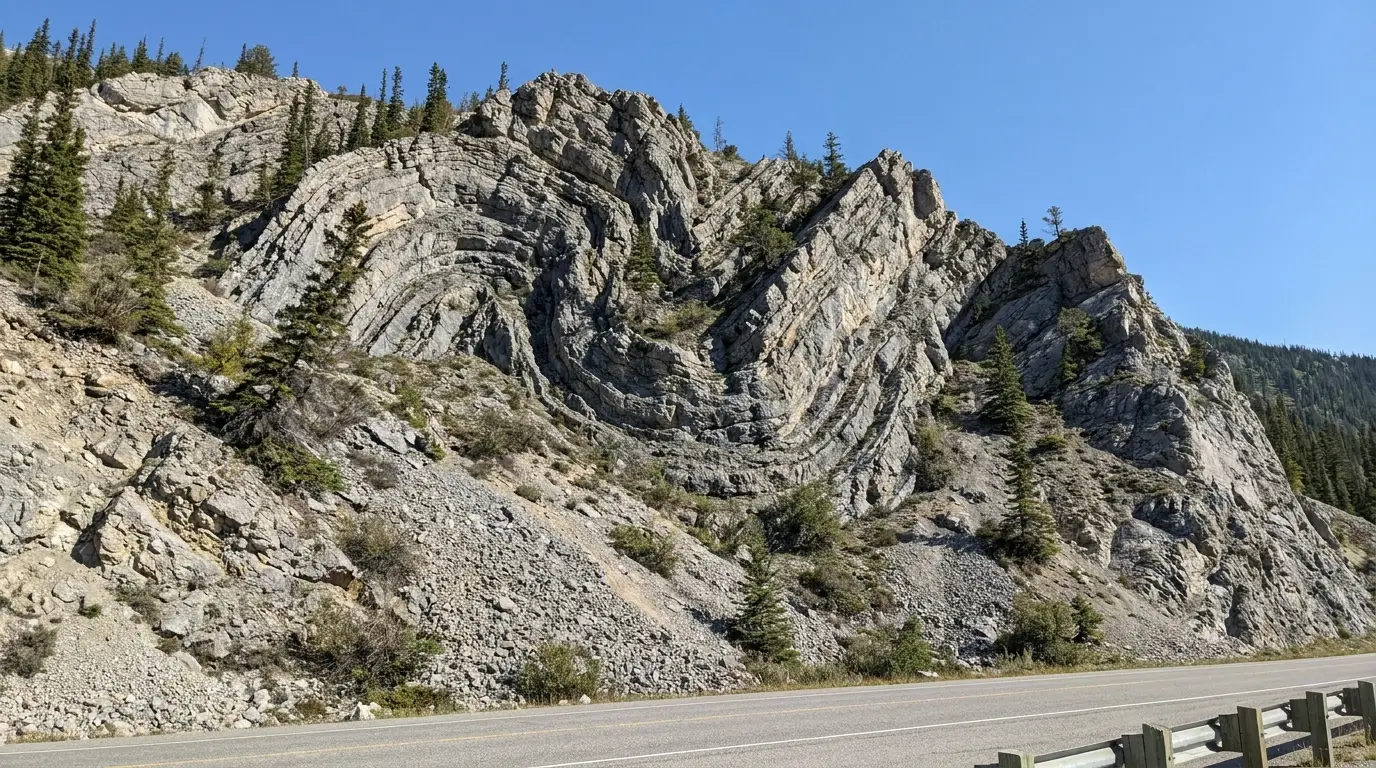 A steep roadside mountainside showing dramatically folded and tilted grey limestone rock strata bent into S-curves, sparse scree and stunted spruce, seen from the Alaska Highway, clear northern daylight, Folded Mountain near Muncho Lake British Columbia, ultrarealistic photograph representative of the region