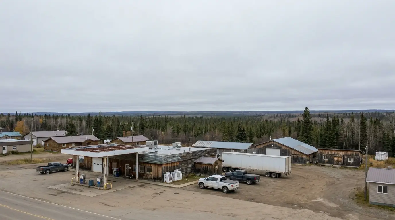 The small northern town of Fort Nelson along the Alaska Highway, low-rise buildings and a fuel station under a wide boreal-forest horizon, spruce forest to the skyline, flat northern light, a few parked trucks, British Columbia, ultrarealistic photograph representative of the region