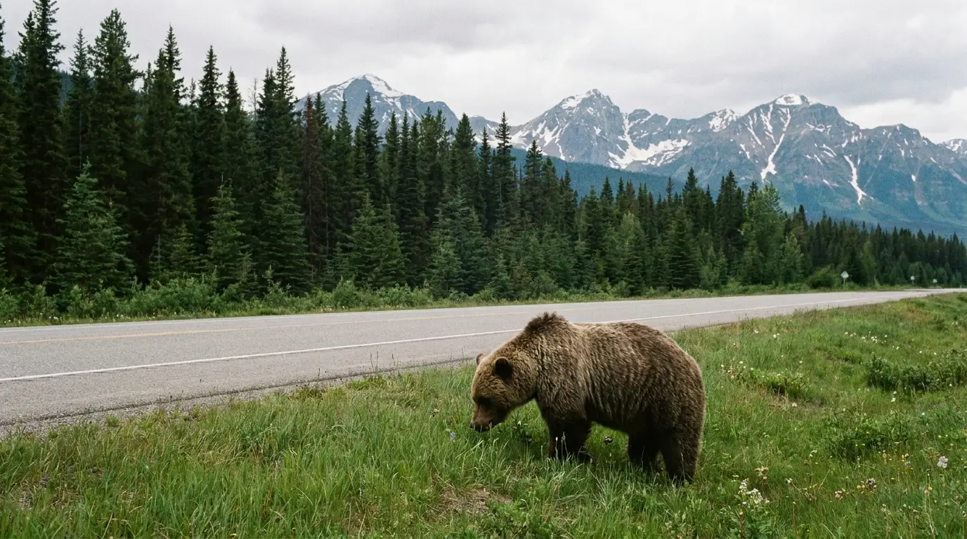 A grizzly bear foraging on a green grassy roadside meadow beside the Alaska Highway, dark spruce forest and mountains behind, muted northern daylight, Northern Rockies British Columbia, ultrarealistic wildlife photograph representative of the region
