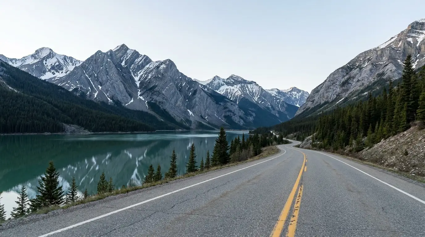 The two-lane Alaska Highway curving through the Northern Rocky Mountains of British Columbia above jade-green Muncho Lake, folded snow-streaked peaks behind, dark spruce forest, cold clear northern light, ultrarealistic photograph representative of the region