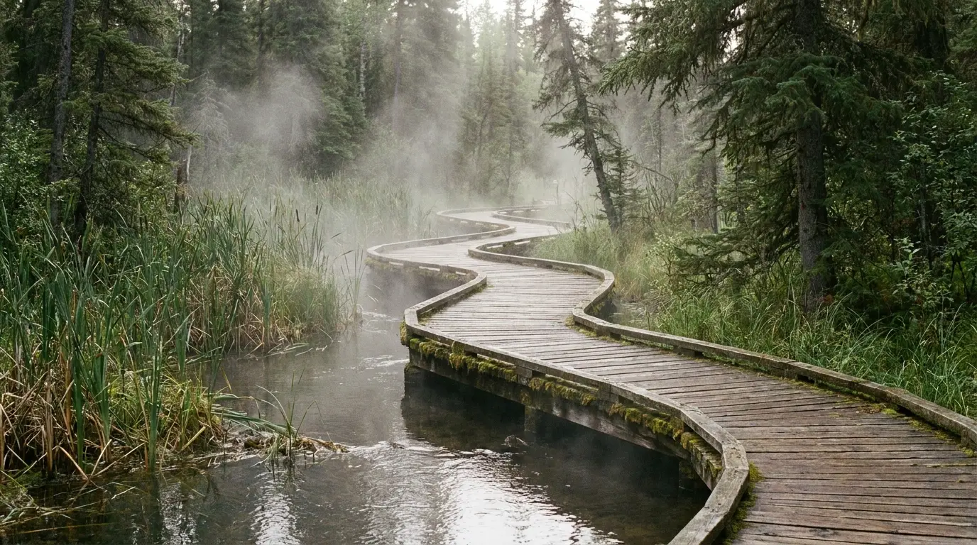 A long wooden boardwalk winding through steaming warm boreal wetland and marsh, dense green spruce forest and reeds, wisps of mist over the water, damp diffuse northern light, Liard River Hot Springs Provincial Park British Columbia, ultrarealistic photograph representative of the region