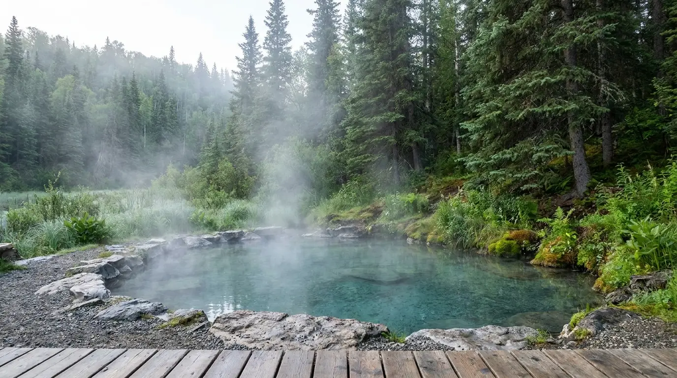 Steam rising off clear warm turquoise-tinted water in a natural rock and gravel hot pool surrounded by tall lush boreal spruce forest and green wetland vegetation, wooden deck edge, soft misty light, Liard River Hot Springs British Columbia, ultrarealistic photograph representative of the region