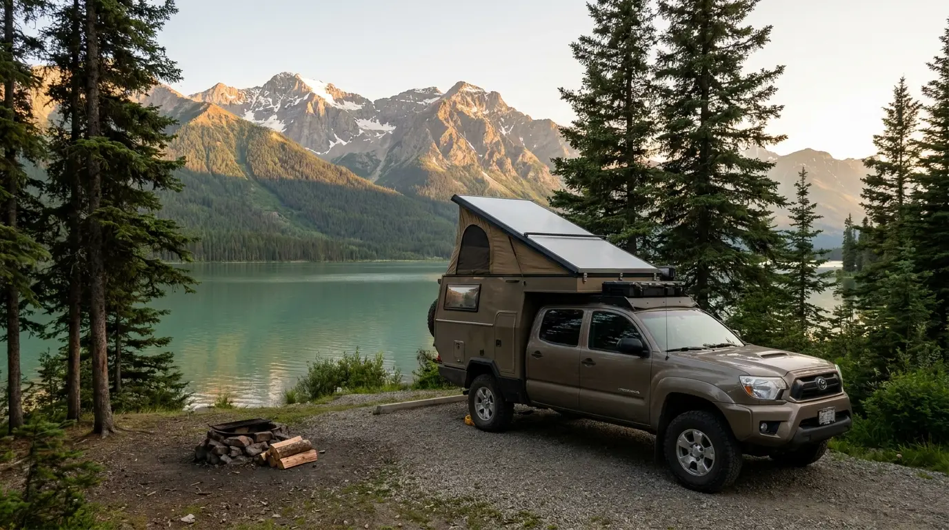 An overland camper rig with a rooftop tent parked at a quiet lakeshore campsite on jade-green Muncho Lake, folded snow-streaked mountains across the water, gravel pad and spruce, calm evening light with low golden sun on the peaks, British Columbia, ultrarealistic photograph representative of the region