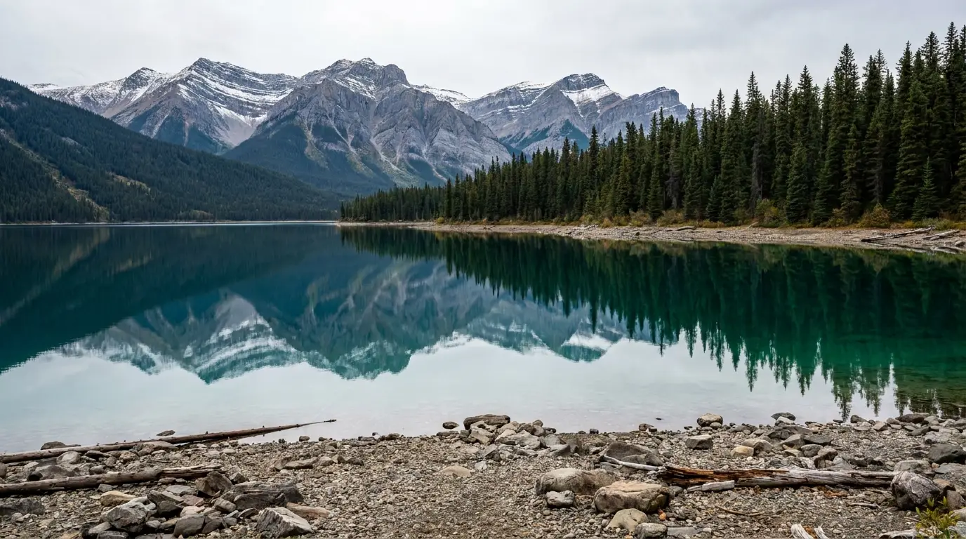 Deep jade and turquoise mineral-coloured water of Muncho Lake, perfectly still and reflecting steep folded snow-patched mountains, gravel shoreline and spruce in the foreground, Northern Rockies British Columbia, ultrarealistic photograph representative of the region