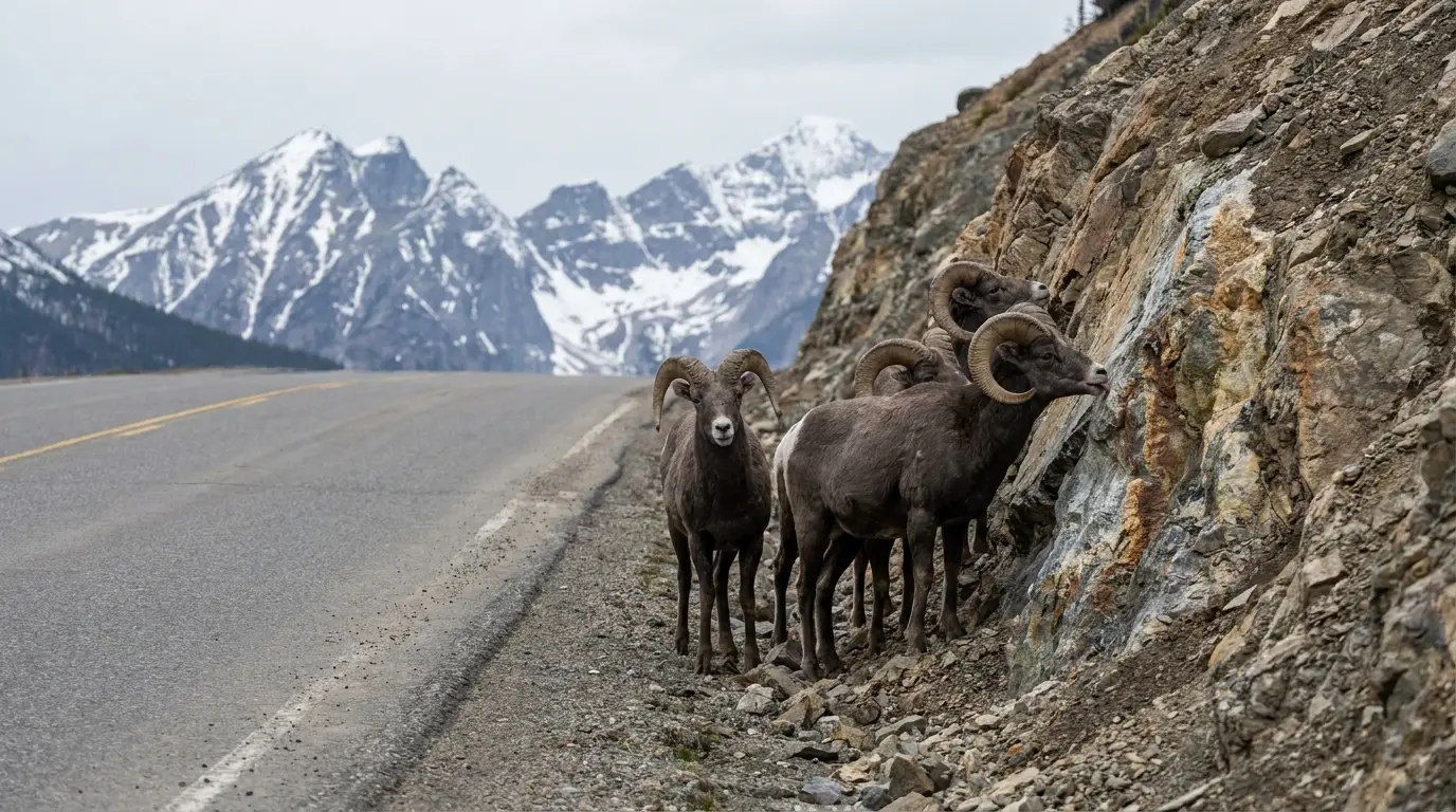 A small group of dark grey-brown Stone sheep with curled horns standing on a rocky highway road-cut licking minerals beside the Alaska Highway, mountain backdrop, soft overcast light, Northern Rockies British Columbia, ultrarealistic wildlife photograph representative of the region
