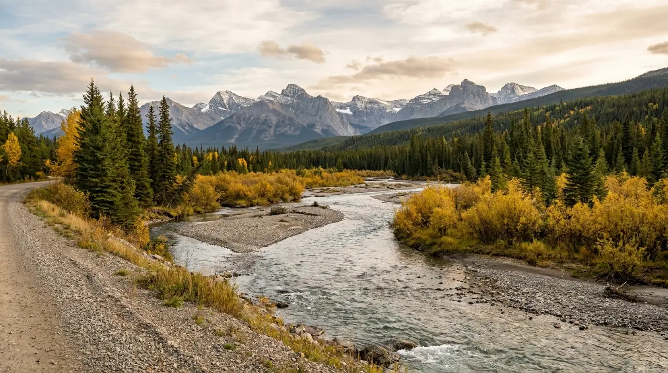 A braided clear river winding through a broad forested valley toward rising grey mountains, spruce and willow along the banks, the Alaska Highway climbing into the Northern Rockies, soft high-latitude light, Tetsa River British Columbia, ultrarealistic photograph representative of the region