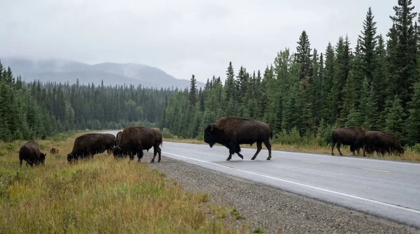 A herd of large dark wood bison grazing on the grassy shoulder of the Alaska Highway with one bison standing on the empty paved road, boreal spruce forest behind, muted overcast northern light, Northern British Columbia, ultrarealistic wildlife photograph representative of the region