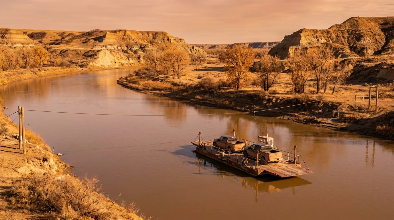A small cable-guided river ferry carrying a couple of vehicles across the calm Red Deer River between badlands banks, warm light, Bleriot Ferry Alberta, ultrarealistic photograph representative of the region