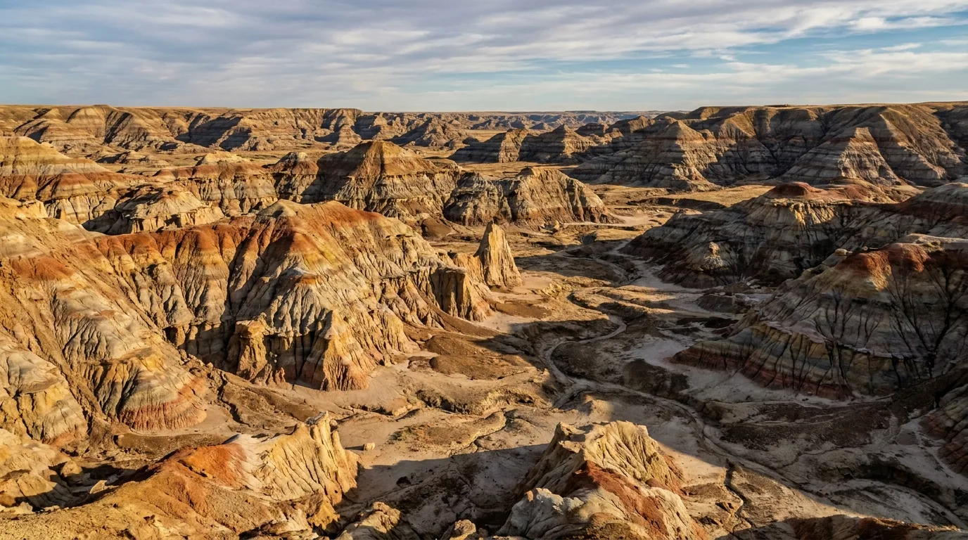 Classic hoodoo and badlands terrain with layered eroded ridges and coulees stretching to the horizon under warm late-afternoon light, Dinosaur Provincial Park Alberta, ultrarealistic photograph representative of the region