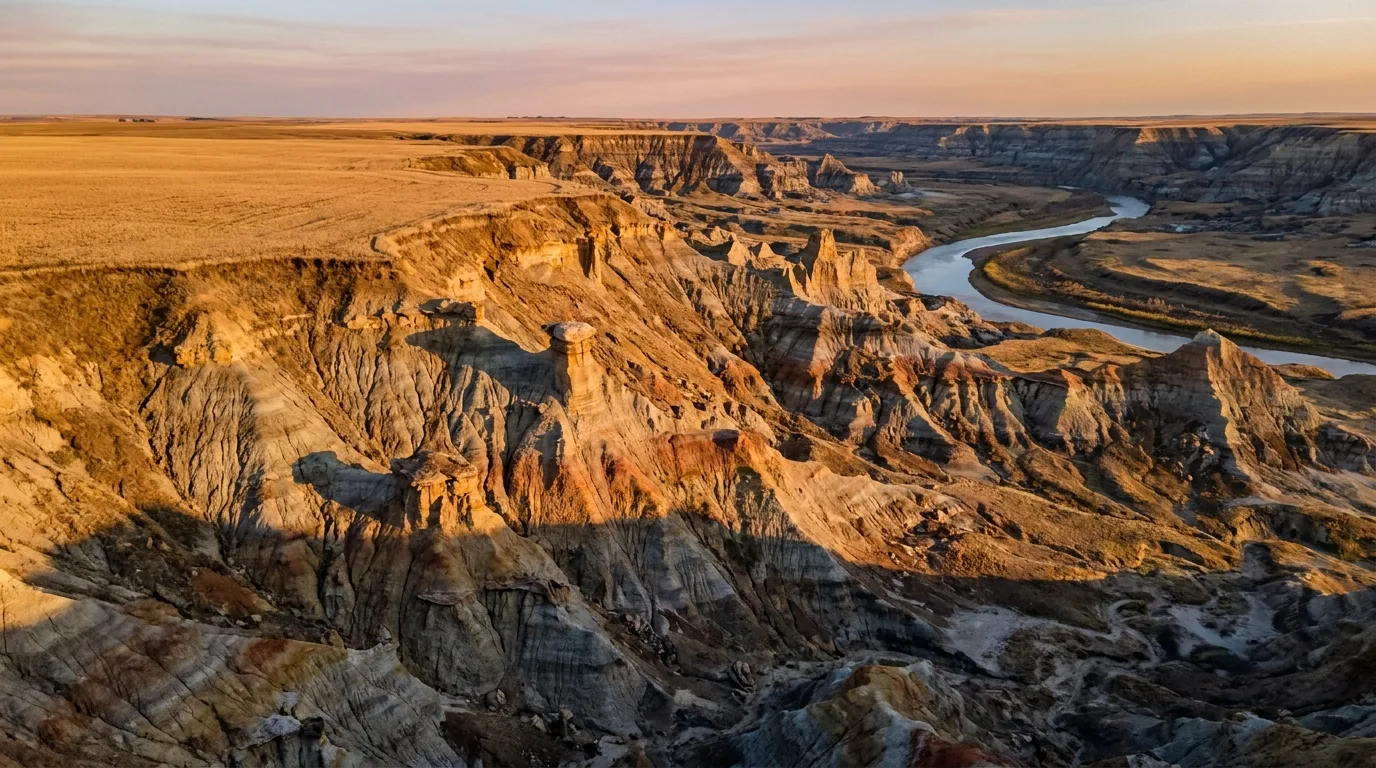 A 120-metre-deep trench of striped clay badlands, capped hoodoos and eroded coulees glowing in warm late light where the flat prairie splits open above the Red Deer River, Drumheller area Alberta, ultrarealistic photograph representative of the region