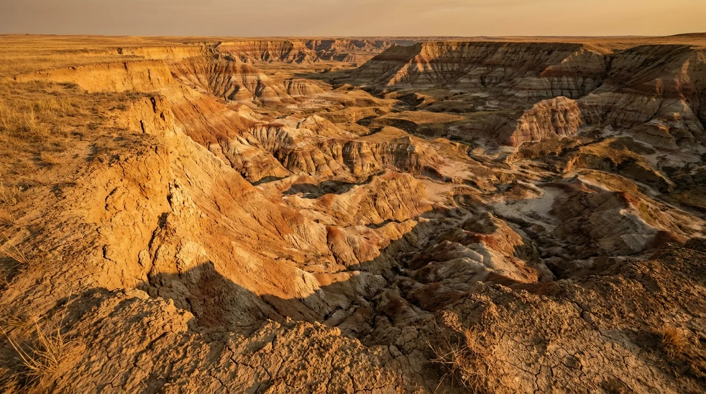 Layered badlands ridges and eroded clay gullies fanning out below unfenced rim viewpoints into a wide horseshoe-shaped canyon, warm late-afternoon light, Horseshoe Canyon Alberta, ultrarealistic photograph representative of the region