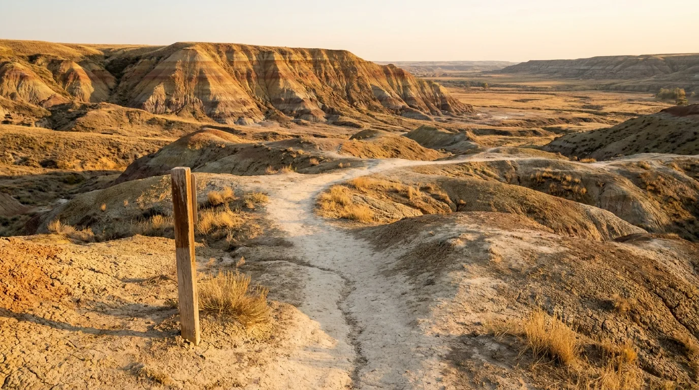 An easy interpretive trail with a wooden marker sign winding across open badlands hills below a low bluff, warm late light, Badlands Interpretive Trail Midland Provincial Park Alberta, ultrarealistic photograph representative of the region