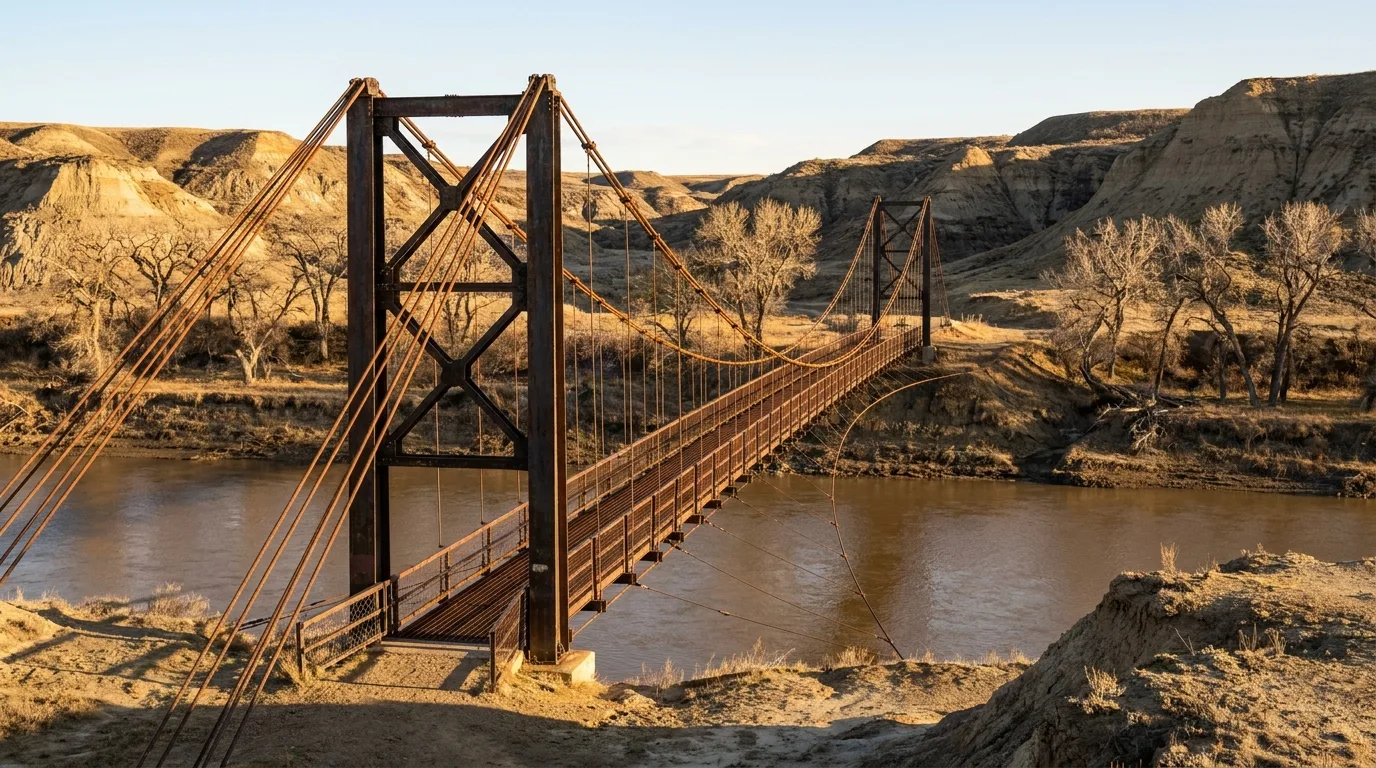 A long narrow pedestrian suspension bridge slung across the Red Deer River between low badlands banks, cables and towers catching warm light, Star Mine Suspension Bridge Rosedale Alberta, ultrarealistic photograph representative of the region