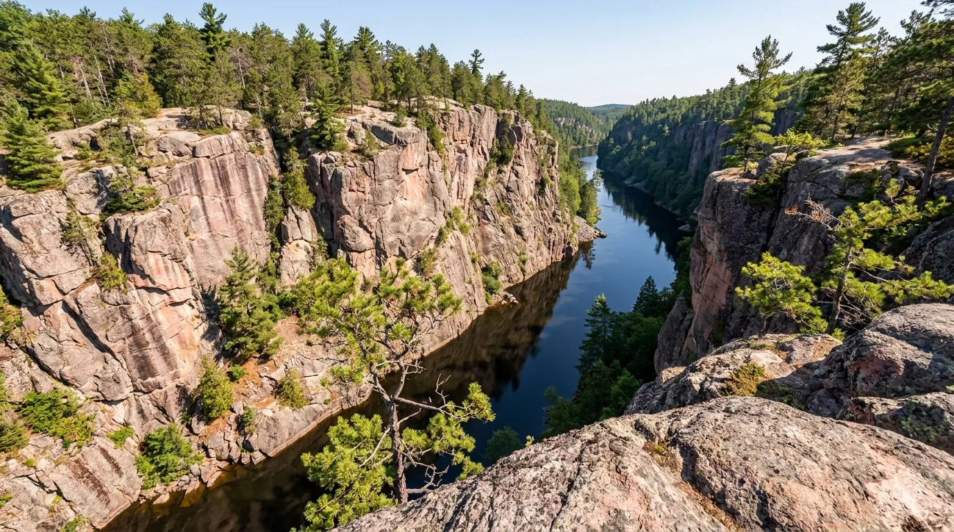 Sheer 100-metre pink and grey granite cliff walls plunging to a narrow dark river far below, seen from the canyon rim with sparse pines clinging to the rock, Barron Canyon in Algonquin Provincial Park Ontario, ultrarealistic photograph representative of the region