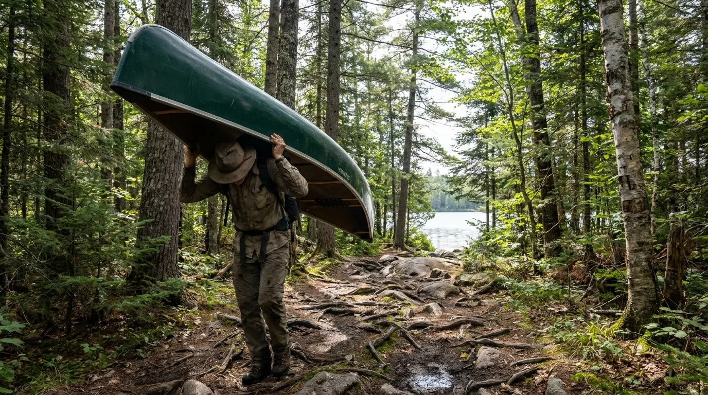 A lone canoe tripper carrying an overturned green canoe on their shoulders along a rugged forest portage trail between two lakes, roots and granite underfoot with tall pines and mixed hardwood forest, dappled summer light, Algonquin Provincial Park Ontario, ultrarealistic photograph representative of the region