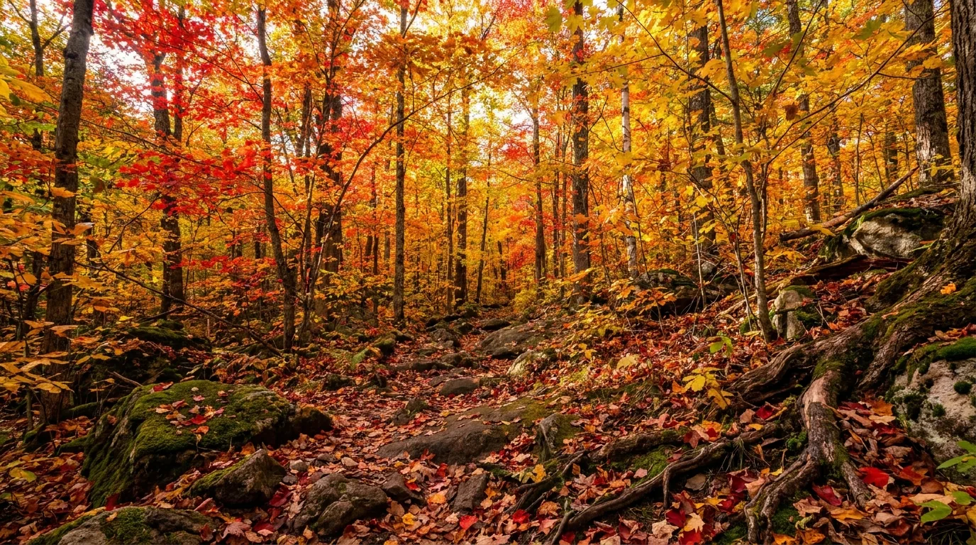 A dense sugar maple and red maple hardwood forest at peak autumn colour, a luminous canopy of vivid scarlet, orange and gold leaves with yellow birch and a leaf-strewn forest floor, backlit afternoon light, Algonquin Provincial Park Ontario, ultrarealistic photograph representative of the region
