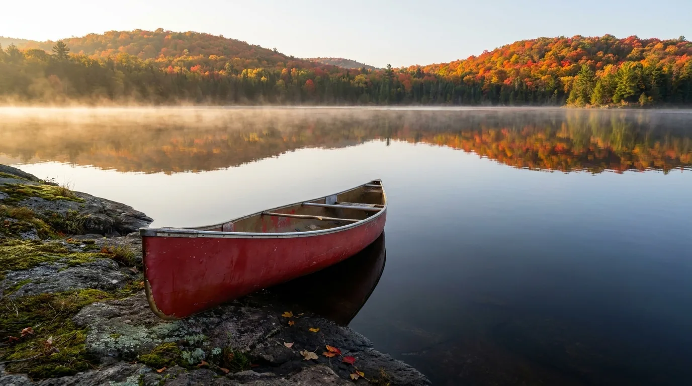 A calm Canadian Shield lake at dawn with a red canoe on a granite shore, mist rising off the water and forested hills of sugar maple and spruce in peak autumn colour reflected in the still surface, Algonquin Provincial Park Ontario, ultrarealistic photograph representative of the region