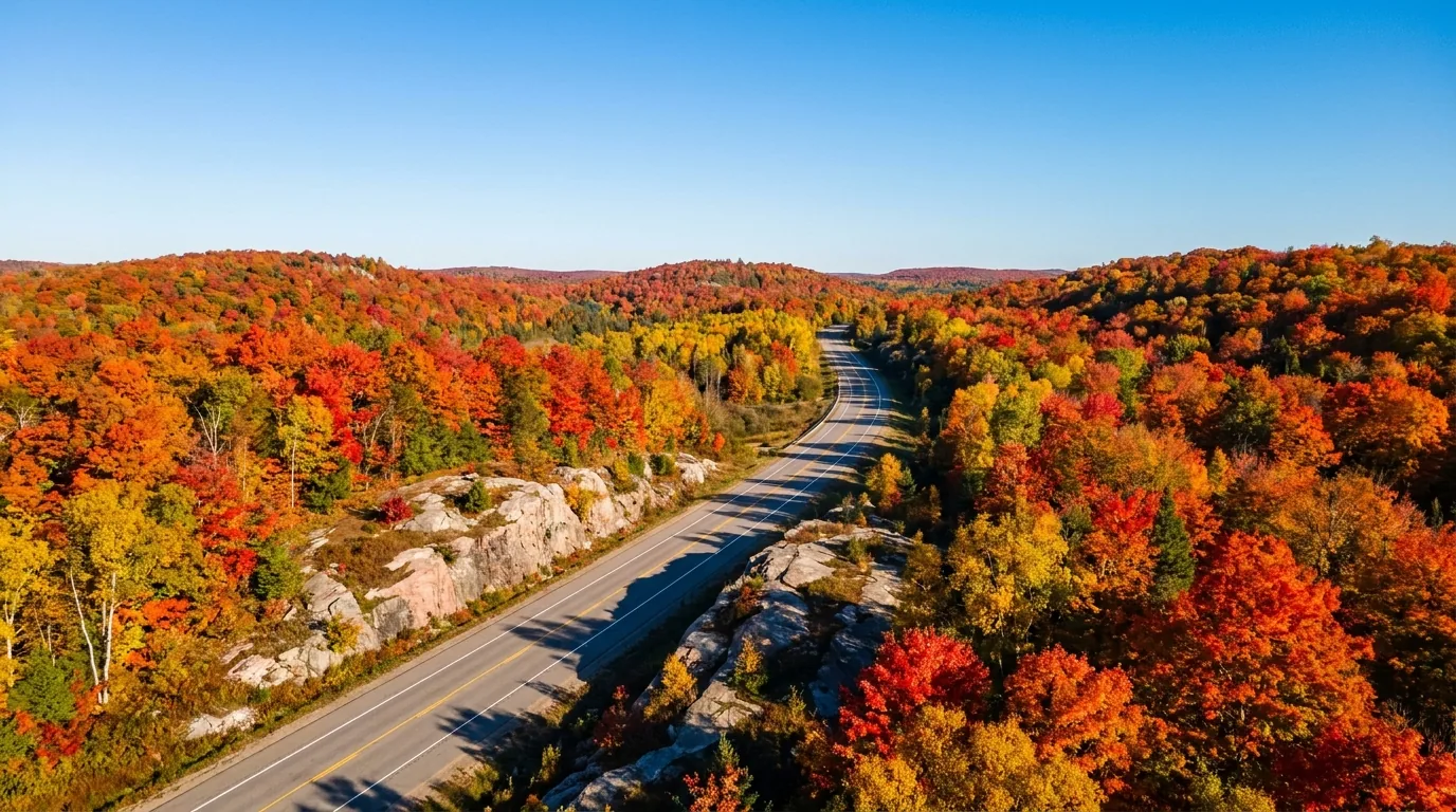 A two-lane paved highway winding between rolling hills of brilliant red and orange sugar maple forest at peak autumn colour, the Highway 60 corridor through Algonquin Provincial Park Ontario, ultrarealistic photograph representative of the region